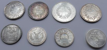 null Set of 8 Silver Coins in Francs.

4-Hercules: 5Frs-1873, 2 x 10Frs-1965, 50Frs-1974....