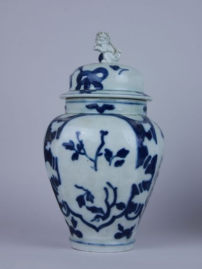 null Paire de vases couverts en porcelaine à décor blanc bleu de végétaux, le fretel...