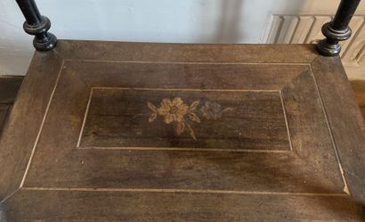 null Two tone wood workbench with floral marquetry decoration opening to a flap and...