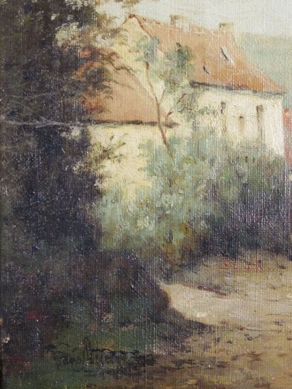  Frans DAUGE (1831-1895) 
Maisons près d'un bois 
Huile sur toile signée en bas à...