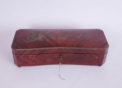 null Rectangular glove box in mahogany veneer with metal inlay decoration representing...
