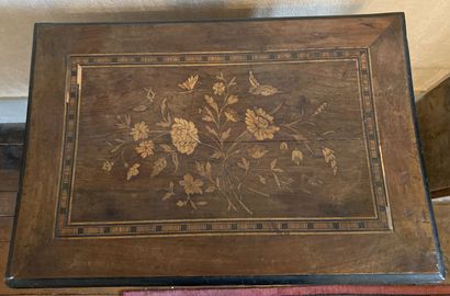 null Two tone wood workbench with floral marquetry decoration opening to a flap and...