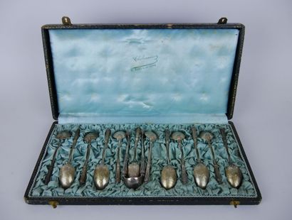 Suite of 12 small spoons and a sugar tongs...