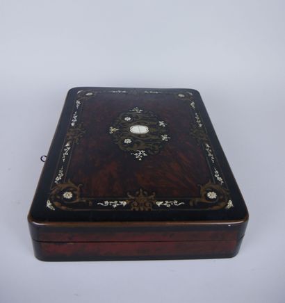 null Wooden game box decorated with ivory marquetry scrolls and brass fillets containing...