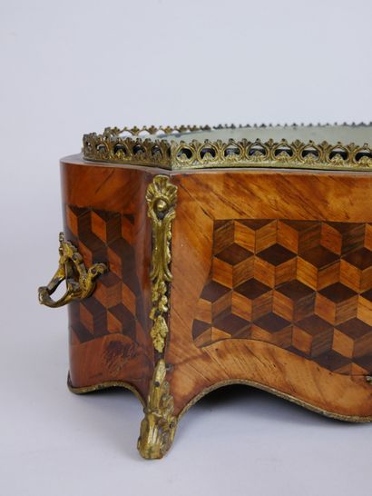 null Planter of table of form moved in marquetry of cube in wood of pink and amaranth...