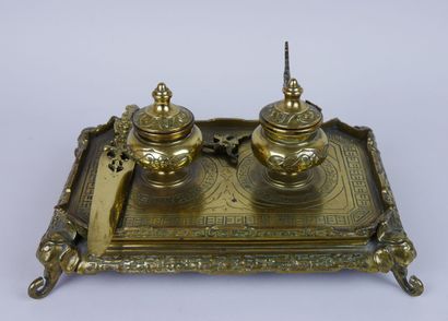 Rectangular gilt bronze inkwell with two...