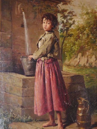  Attributed to Frans DAUGE (1831-1895) 
Young girl at the fountain 
Oil on canvas...
