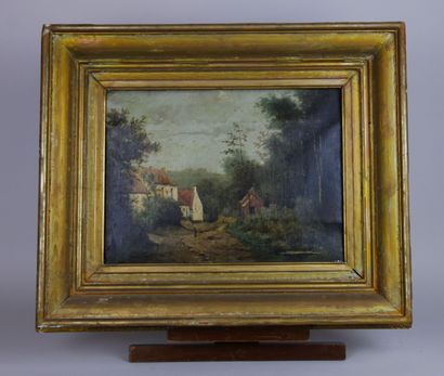  Frans DAUGE (1831-1895) 
Maisons près d'un bois 
Huile sur toile signée en bas à...
