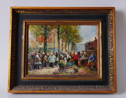  School of the XXth century 
Market scene 
Oil on panel signed lower right "Verneuil"...