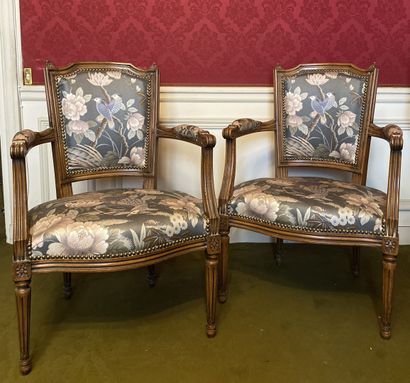 Pair of armchairs with gendarme hat backs...