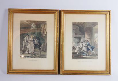  Pair of engravings in colors representing : 
" One never knows everything " after...