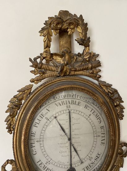 null Barometer-thermometer of oval shape, the frame in carved and gilded wood.

Louis...