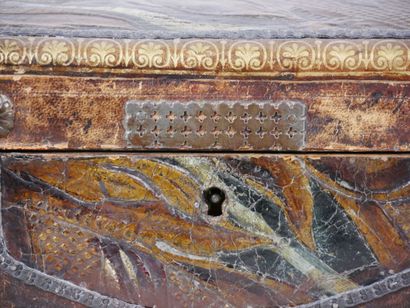 null Rectangular wooden chest decorated with embossed leather and studded representing...