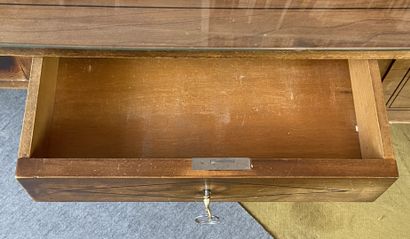 null Flat desk in wood veneer opening to two drawers and two boxes in the belt with...