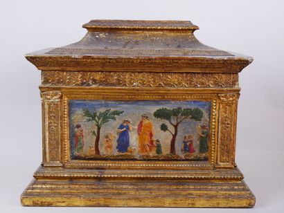 null Rectangular chest of architectural form in painted wood polychrome and gilded...