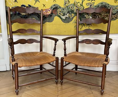 null Pair of large armchairs in carved and stained wood made "corner of the fire",...
