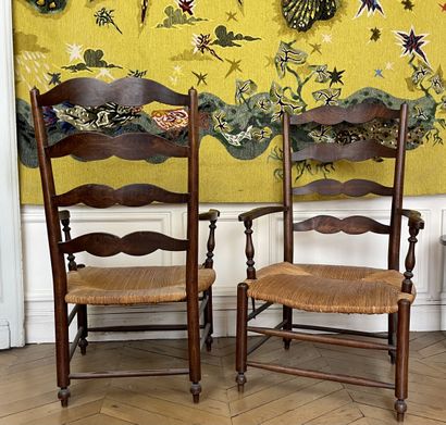 null Pair of large armchairs in carved and stained wood made "corner of the fire",...