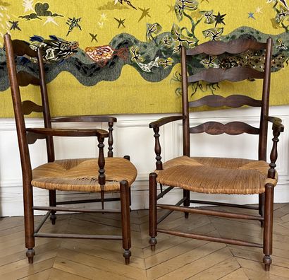 null Pair of large armchairs in carved and stained wood made "corner of the fire",...