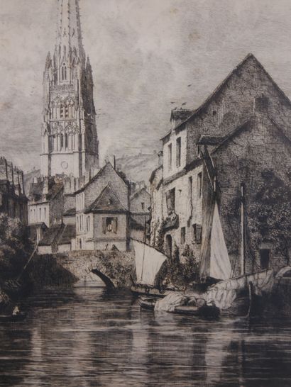 null School of the XXth century 

The canal and the church of Harfleur 

Black engraving...