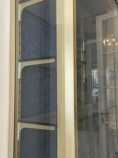 null Brass wall display case with blue velvet background with 3 glass trays, the...