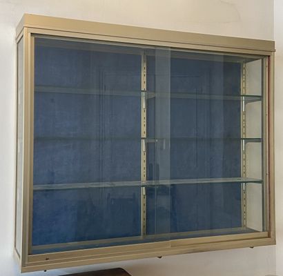 null Brass wall display case with blue velvet background with 3 glass trays, the...