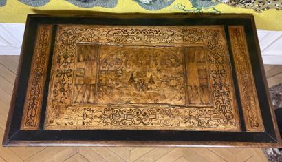 null Rectangular table with inlaid top resting on a trapezoidal base joined by a...