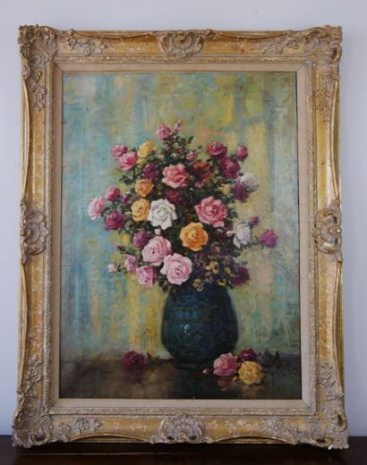 null French school of the XXth century

Vase with a bunch of roses 

Oil on canvas...