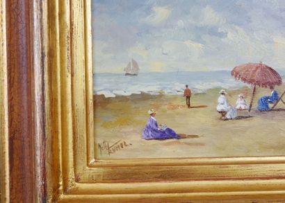  Nelly TRUMEL (1938 - ) 
Femmes sur la plage 
Huile sur isorel signée en à gauche...