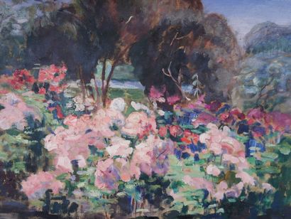  School of the XXth century 
Floral park 
Oil on canvas with an illegible signature...