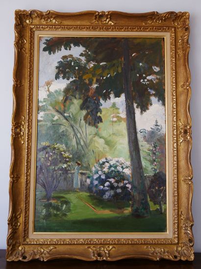 null French school of the XXth century 

Young woman in a garden 

Oil on isorel...