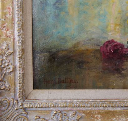  École française du XXème siècle 
Vase au bouquet de roses 
Huile sur toile signée...