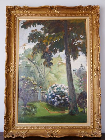null French school of the XXth century 

Young woman in a garden 

Oil on isorel...