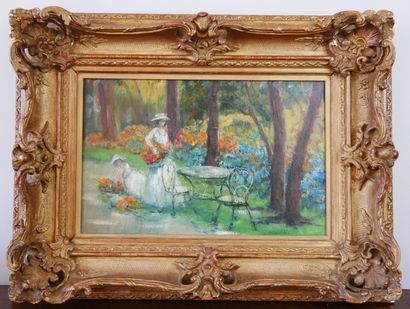  French school of the XXth century 
The harvest of flowers 
Oil on canvas 
21,5 x...