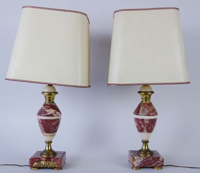 Pair of lamps in red marble and alabaster,...