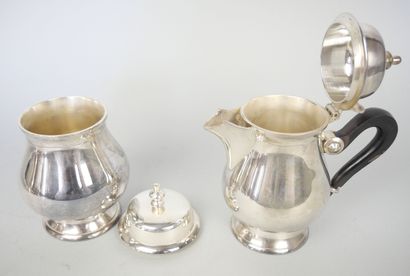 null Service tea coffee in plain silver plated metal, the handles in blackened wood...