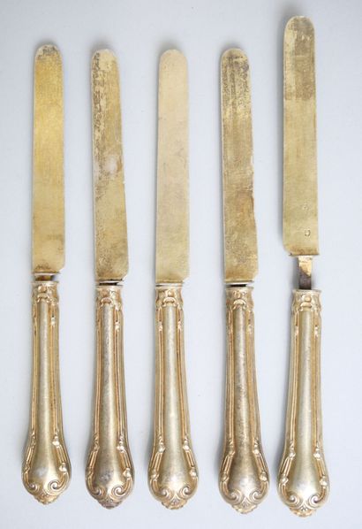 null Suite of 5 fruit knives in gilded silver 925 thousandths with decoration of...