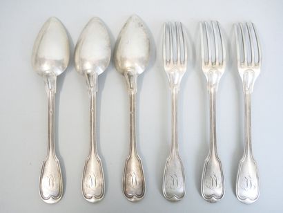 null Suite of silver cutlery 925 thousandths plain, contour and net model, monogrammed,...