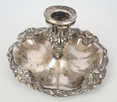 null 
Candlestick with hand out of silver 950 thousandths guilloche with decoration...