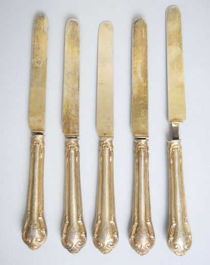 Suite of 5 fruit knives in gilded silver...