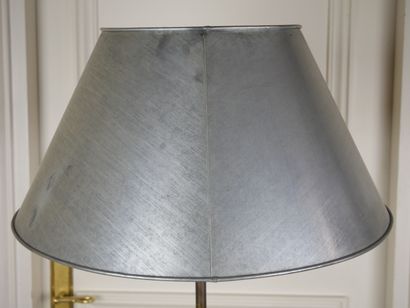 null Modernist floor lamp in zinc resting on a square base, the lampshade of circular...