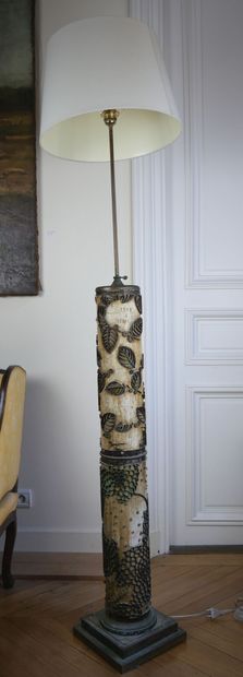 null Wooden printing scroll of cylindrical form mounted in lamp with flowers and...