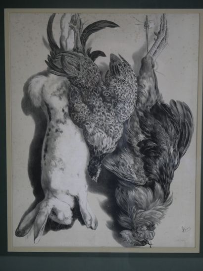 null Rabbit, hen and rooster 

Engraving in black with an illegible signature in...