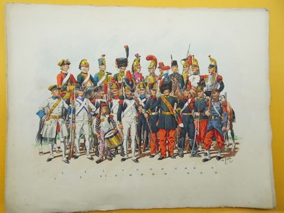 null [MILITARY]. Military Uniforms.

14 lithographic color plates by Ch.Brun (Painter...