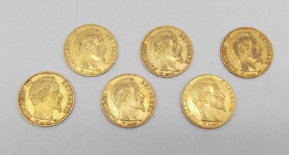  Six pièces de 20 Francs Or, Napoléon, tête nue, 1857 A. 
Poids : 38,53grs. 
 
Estimation...