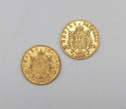 null Deux pièces de 20 Francs Or, Napoléon, tête laurée, 1865 A.

Poids : 12,82grs.



Estimation...