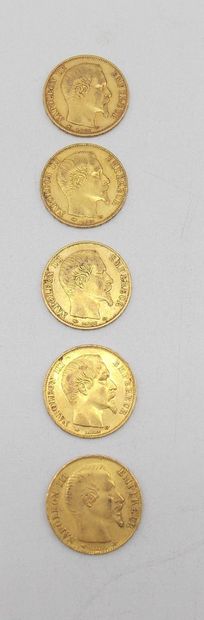 Cinq pièces de 20 Francs Or, Napoléon, tête...