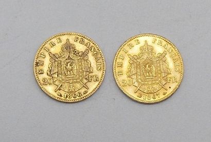 null Deux pièces de 20 Francs Or, Napoléon, tête laurée.

1866 BB et 1867 BB.

Poids...