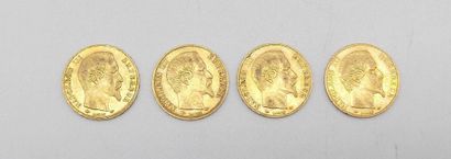 Quatre pièces de 20 Francs Or, Napoléon,...