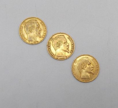 null Trois pièces de 20 Francs Or, Napoléon, tête nue, 1857 A.

Poids : 19,23grs.



Estimation...