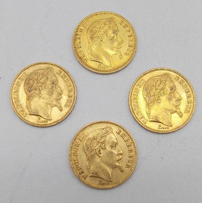 null Quatre pièces de 20 Francs Or, Napoléon, tête laurée, 1864, 1866, 1867 & 1868...